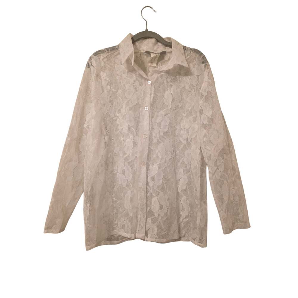 Vintage Blair Women’s Medium White Floral Lace Button Front Blouse Made USA
